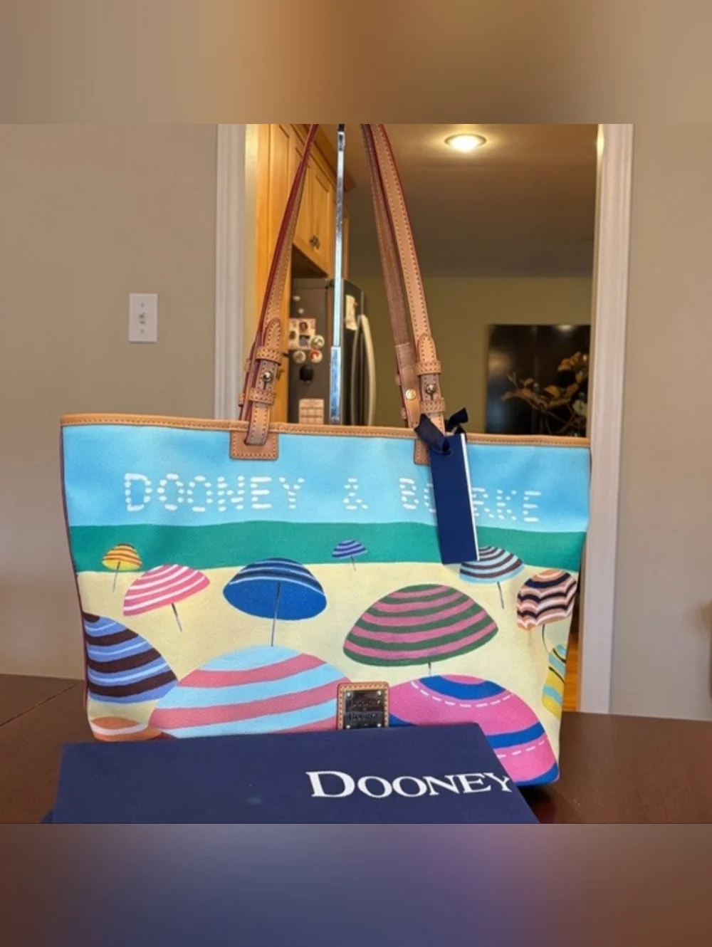 Dooney & Bourke Blue Multicolor Umbrella Print Canvas Tote with Tan Leather Trim - Picture 1 of 11